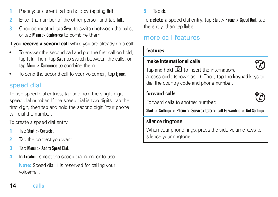 Speed dial, More call features | Motorola A3100 User Manual | Page 16 / 68