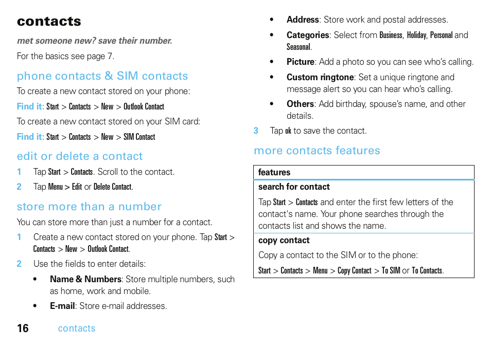 Contacts, Phone contacts & sim contacts, Edit or delete a contact | Store more than a number, More contacts features | Motorola A3100 User Manual | Page 18 / 68