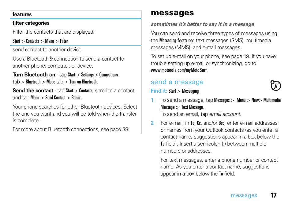 Messages, Send a message | Motorola A3100 User Manual | Page 19 / 68