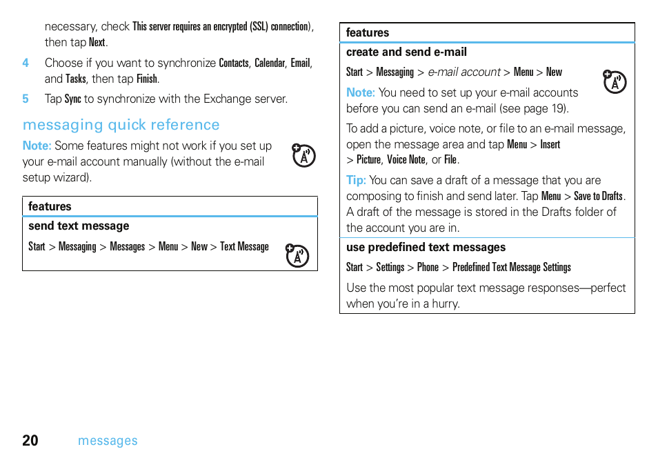 Messaging quick reference | Motorola A3100 User Manual | Page 22 / 68