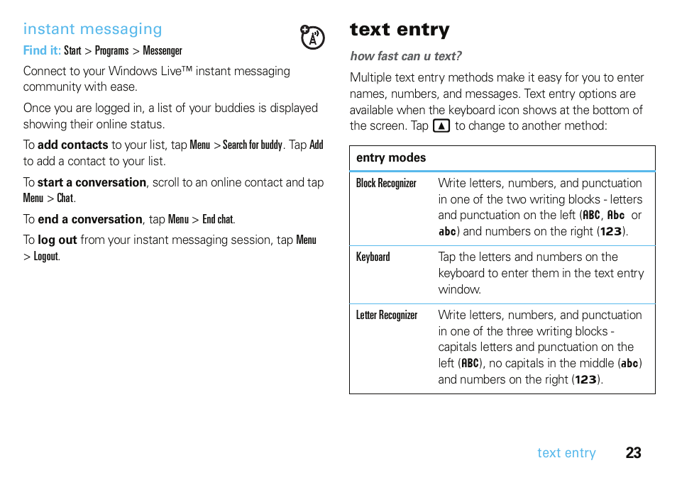 Instant messaging, Text entry | Motorola A3100 User Manual | Page 25 / 68