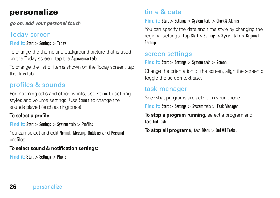 Personalize, Today screen, Profiles & sounds | Time & date, Screen settings, Task manager | Motorola A3100 User Manual | Page 28 / 68