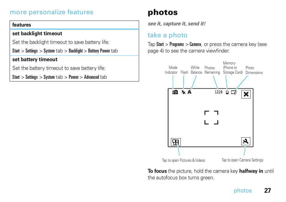 More personalize features, Photos, Take a photo | Motorola A3100 User Manual | Page 29 / 68