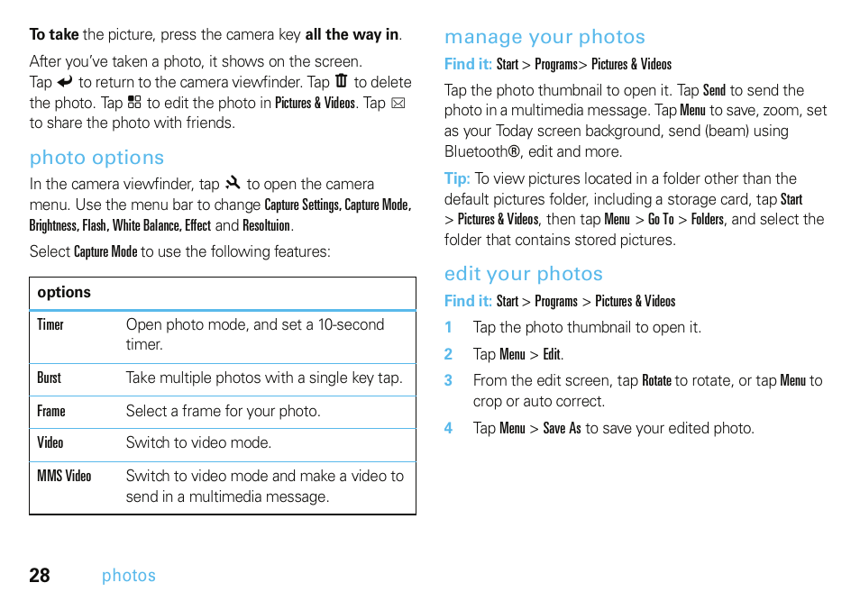 Photo options, Manage your photos, Edit your photos | Motorola A3100 User Manual | Page 30 / 68