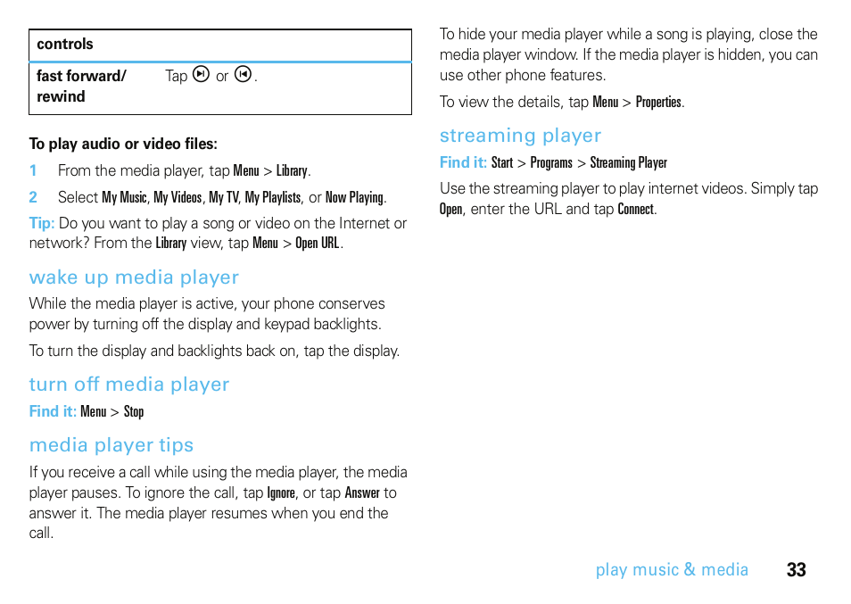 Wake up media player, Turn off media player, Media player tips | Streaming player | Motorola A3100 User Manual | Page 35 / 68