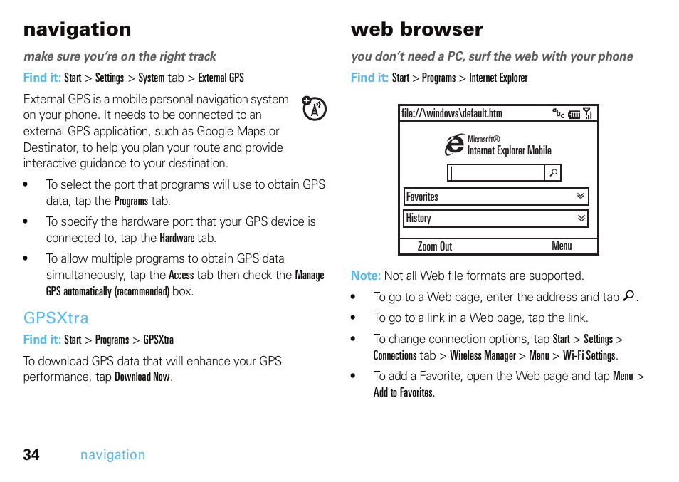 Navigation, Gpsxtra, Web browser | Motorola A3100 User Manual | Page 36 / 68