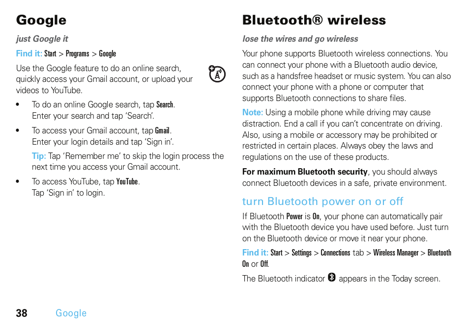 Google, Bluetooth® wireless, Turn bluetooth power on or off | Motorola A3100 User Manual | Page 40 / 68