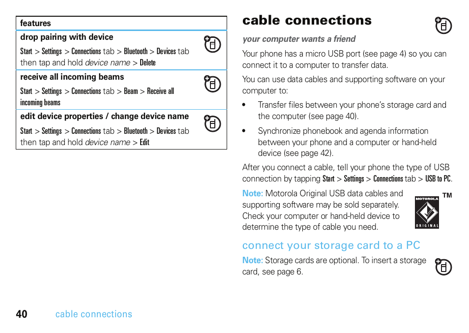 Cable connections, Connect your storage card to a pc | Motorola A3100 User Manual | Page 42 / 68