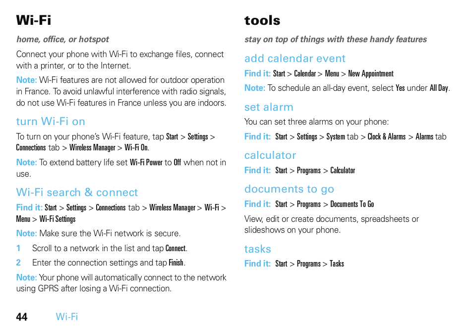 Wi-fi, Turn wi-fi on, Wi-fi search & connect | Tools, Add calendar event, Set alarm, Calculator, Documents to go, Tasks | Motorola A3100 User Manual | Page 46 / 68