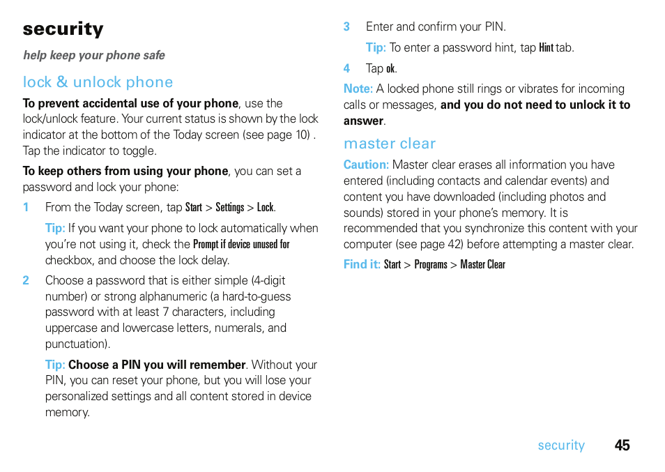 Security, Lock & unlock phone, Master clear | Motorola A3100 User Manual | Page 47 / 68