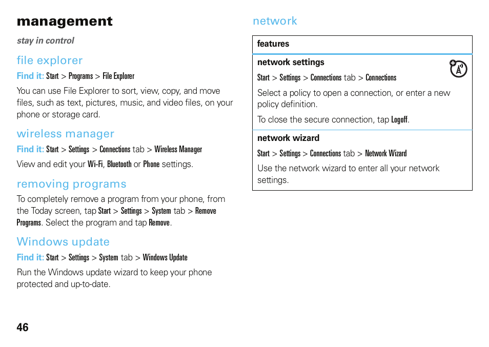 Management, File explorer, Wireless manager | Removing programs, Windows update, Network | Motorola A3100 User Manual | Page 48 / 68