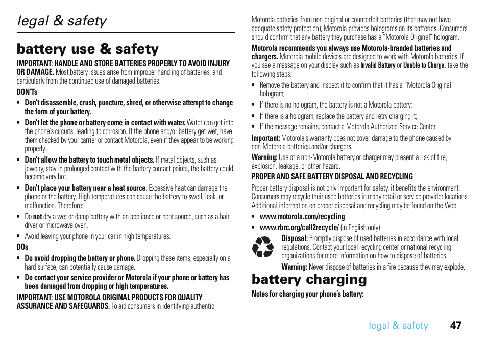 Legal & safety, Battery use & safety, Battery charging | Legal & safety battery use & safety | Motorola A3100 User Manual | Page 49 / 68