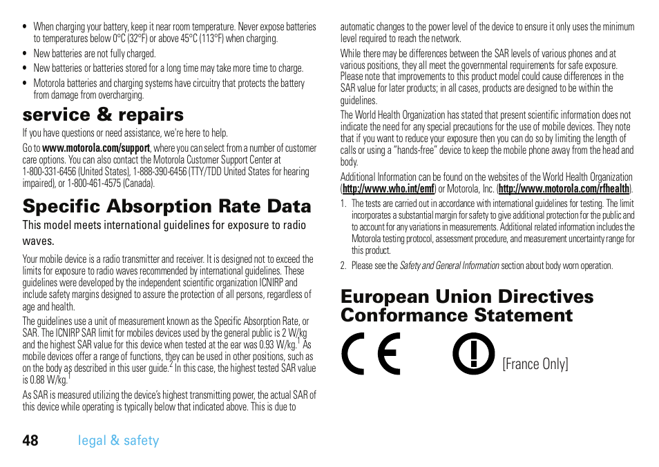 Service & repairs, Specific absorption rate data, European union directives conformance statement | France only, Legal & safety | Motorola A3100 User Manual | Page 50 / 68