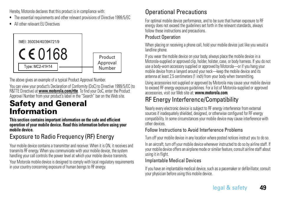 Safety and general information, Exposure to radio frequency (rf) energy, Operational precautions | Rf energy interference/compatibility | Motorola A3100 User Manual | Page 51 / 68