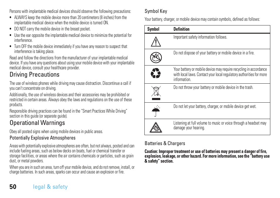 Driving precautions, Operational warnings, Legal & safety | Motorola A3100 User Manual | Page 52 / 68