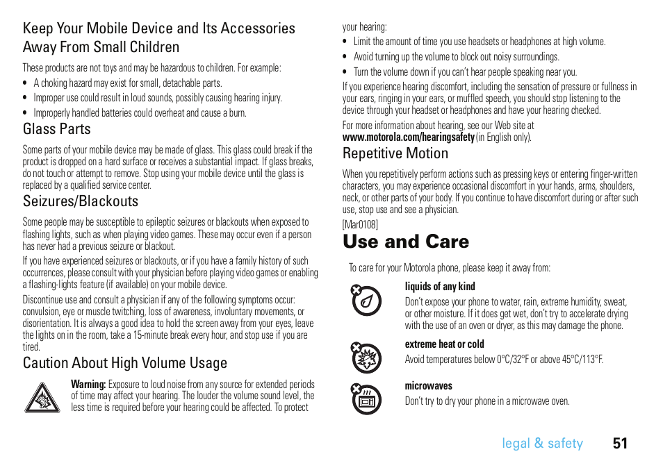 Use and care, Glass parts, Seizures/blackouts | Caution about high volume usage, Repetitive motion | Motorola A3100 User Manual | Page 53 / 68