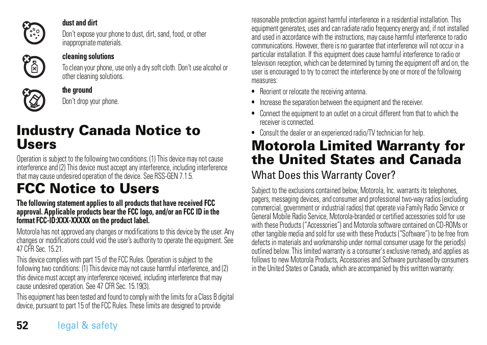 Industry canada notice to users, Fcc notice to users, What does this warranty cover | Motorola A3100 User Manual | Page 54 / 68