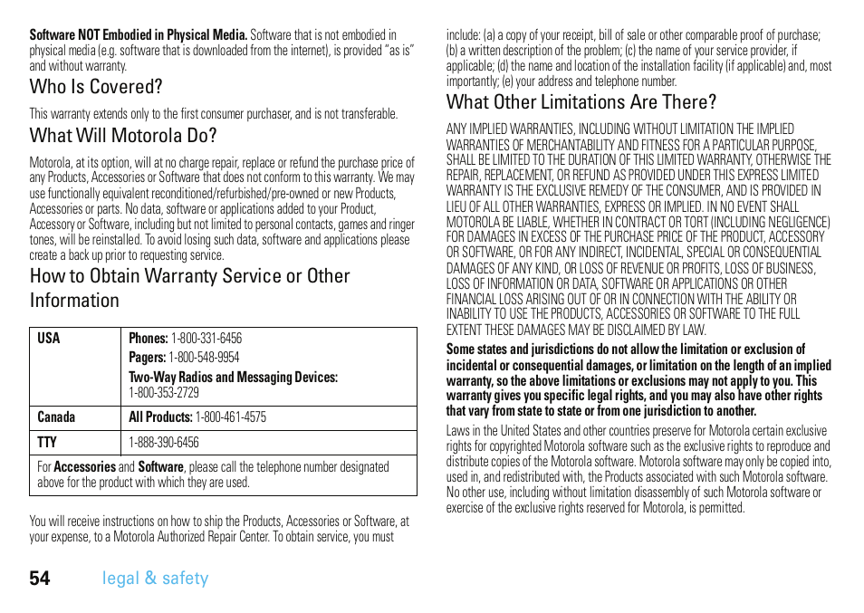 Who is covered, What will motorola do, What other limitations are there | Motorola A3100 User Manual | Page 56 / 68