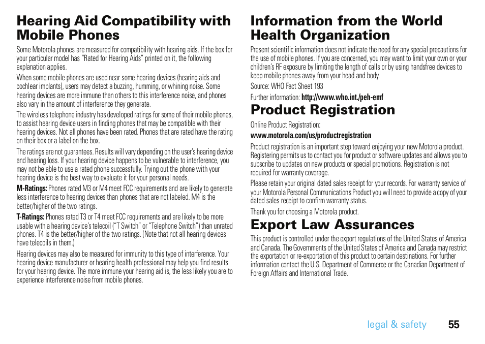 Hearing aid compatibility with mobile phones, Information from the world health organization, Product registration | Export law assurances, Legal & safety | Motorola A3100 User Manual | Page 57 / 68