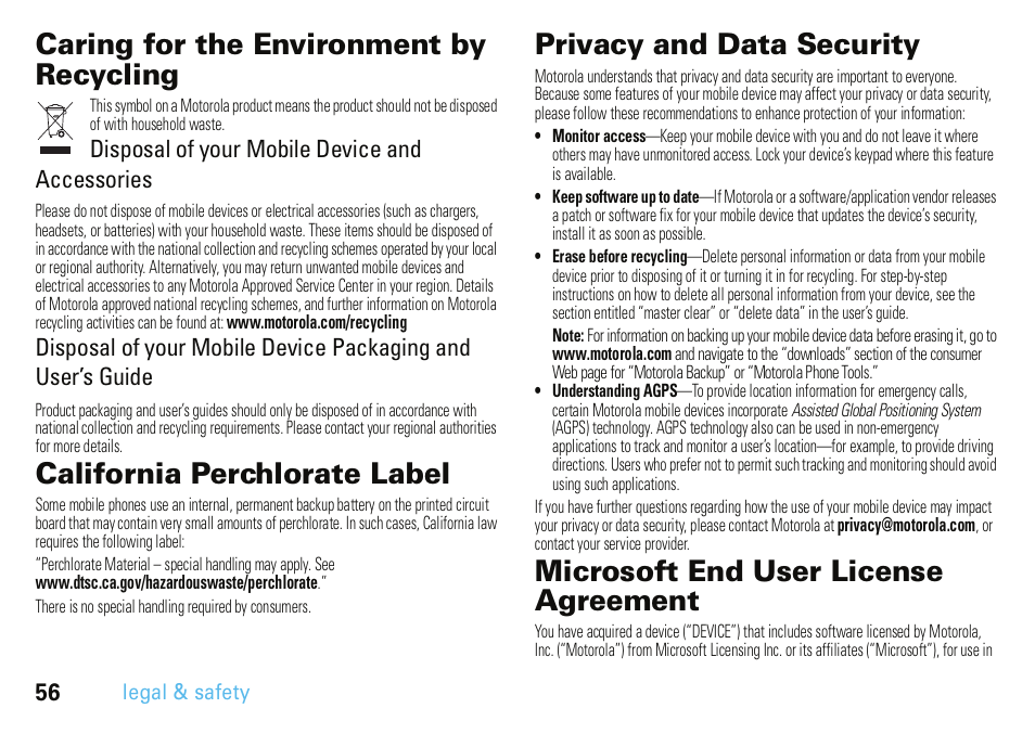 Caring for the environment by recycling, California perchlorate label, Privacy and data security | Microsoft end user license agreement, Disposal of your mobile device and accessories | Motorola A3100 User Manual | Page 58 / 68