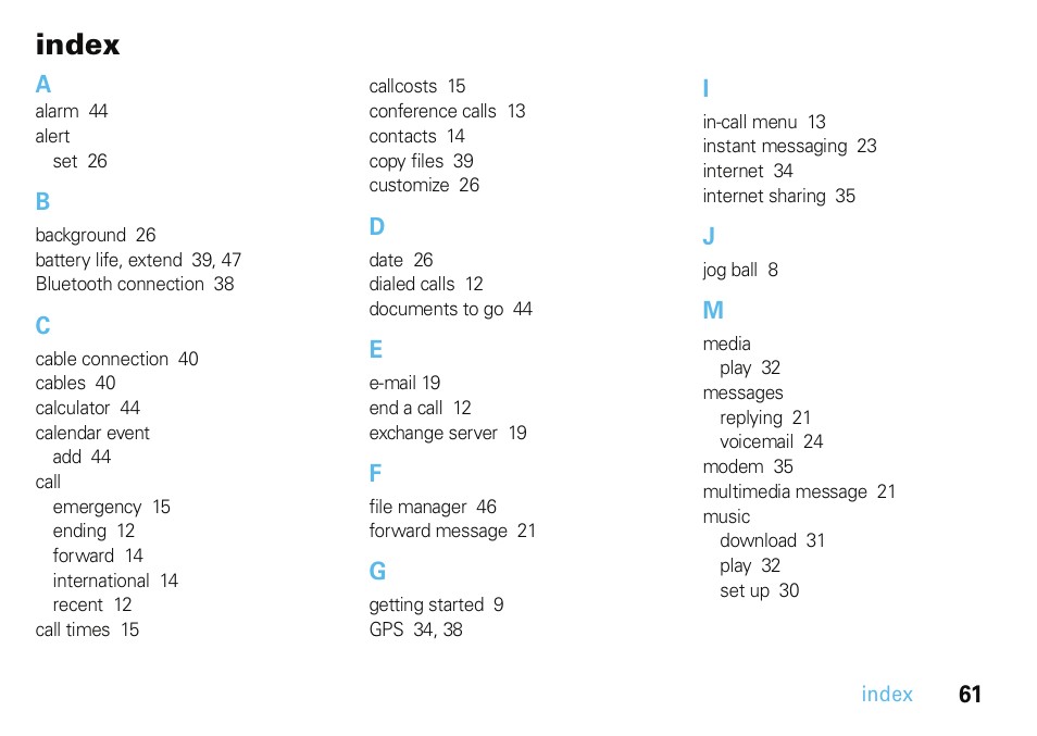 Index | Motorola A3100 User Manual | Page 63 / 68