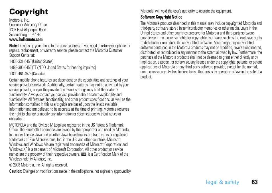 Copyright | Motorola A3100 User Manual | Page 65 / 68