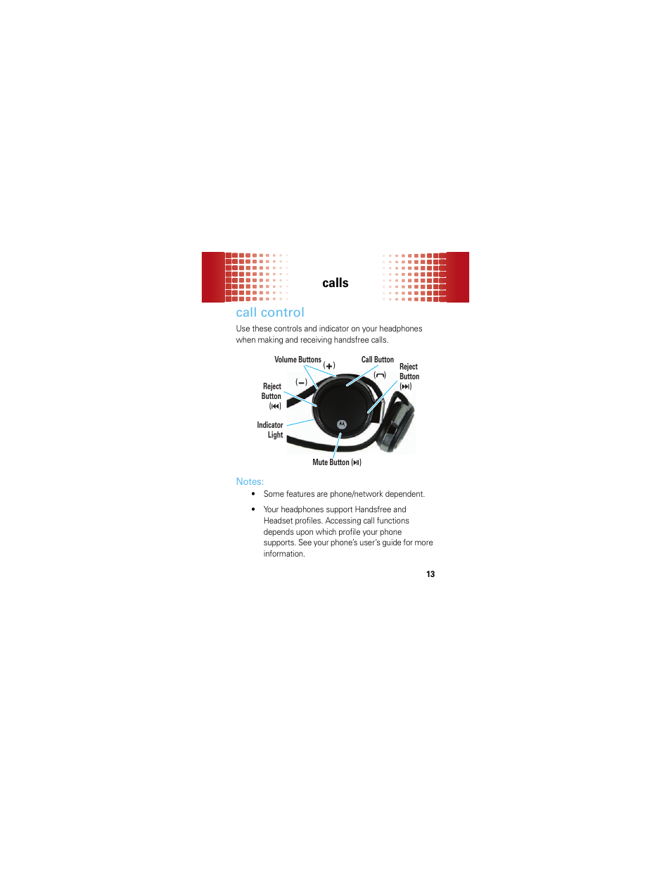 Calls, Call control | Motorola MOTOROKR S305 User Manual | Page 13 / 50