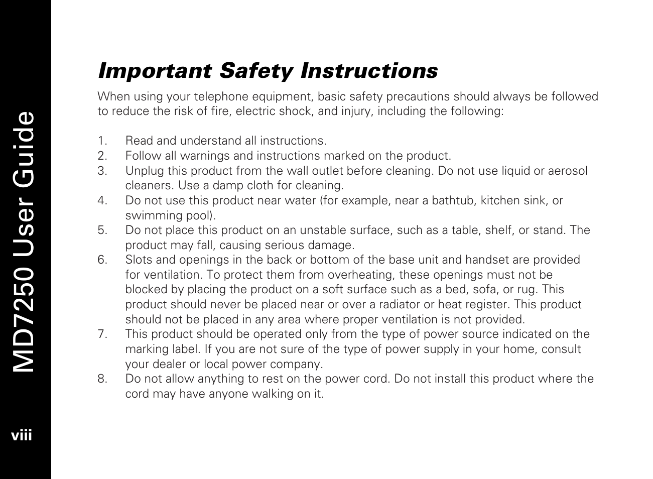 Important safety instructions, Md7250 user guide | Motorola MD7250 User Manual | Page 10 / 46