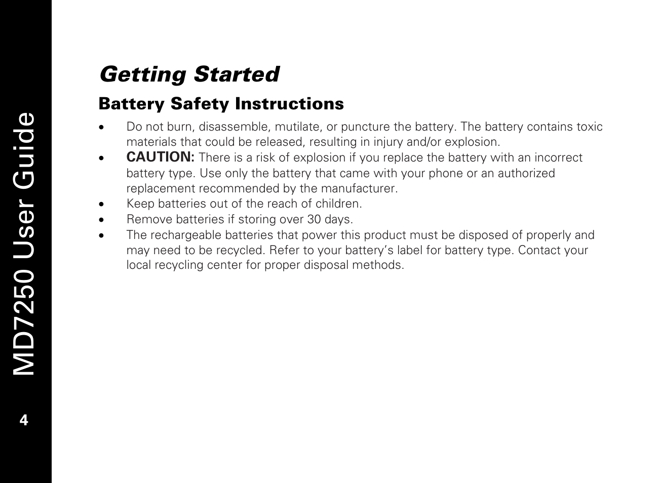 Getting started, Battery safety instructions, Md7250 user guide | Motorola MD7250 User Manual | Page 16 / 46