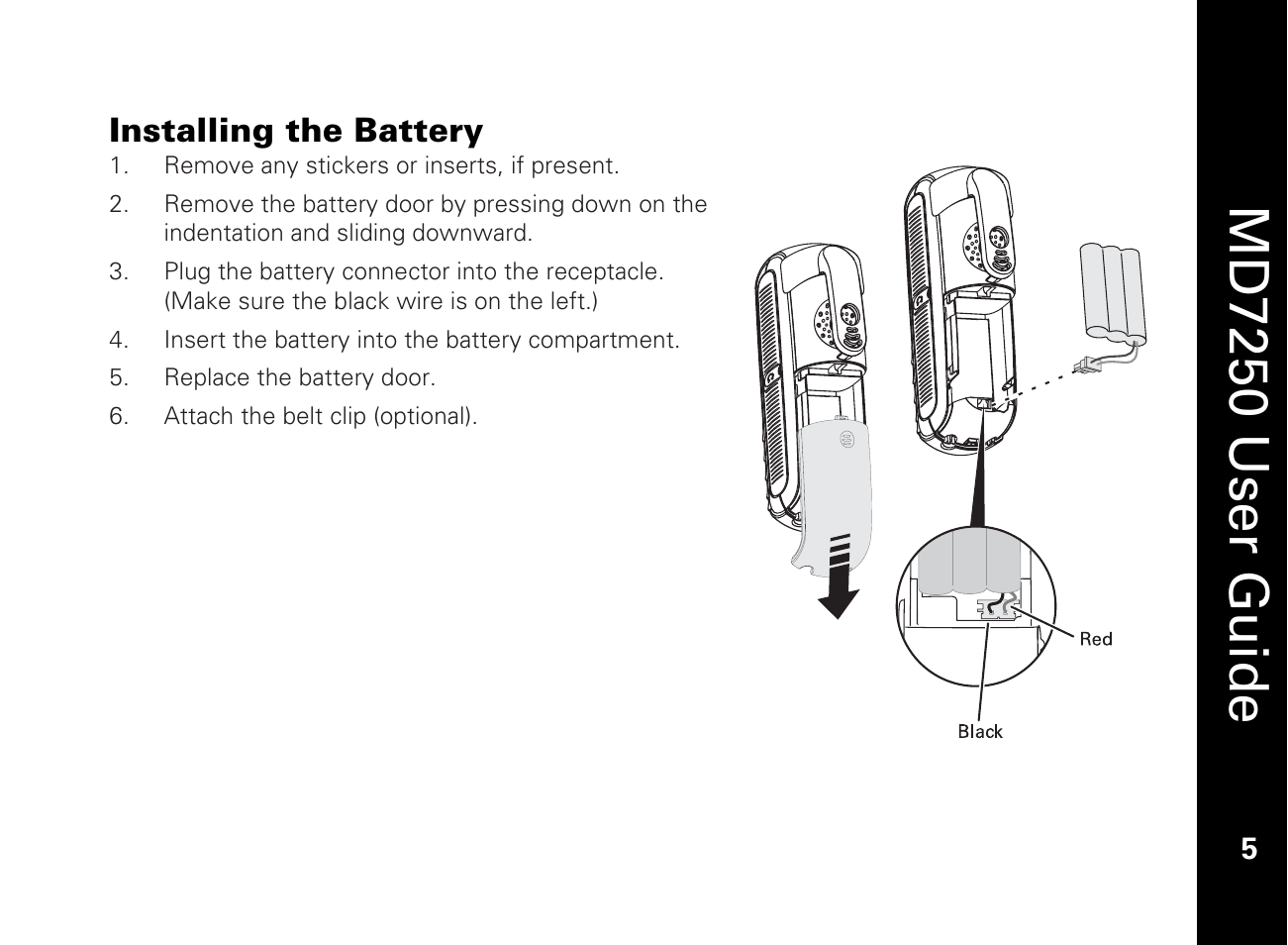 Installing the battery, Md7250 user guide | Motorola MD7250 User Manual | Page 17 / 46