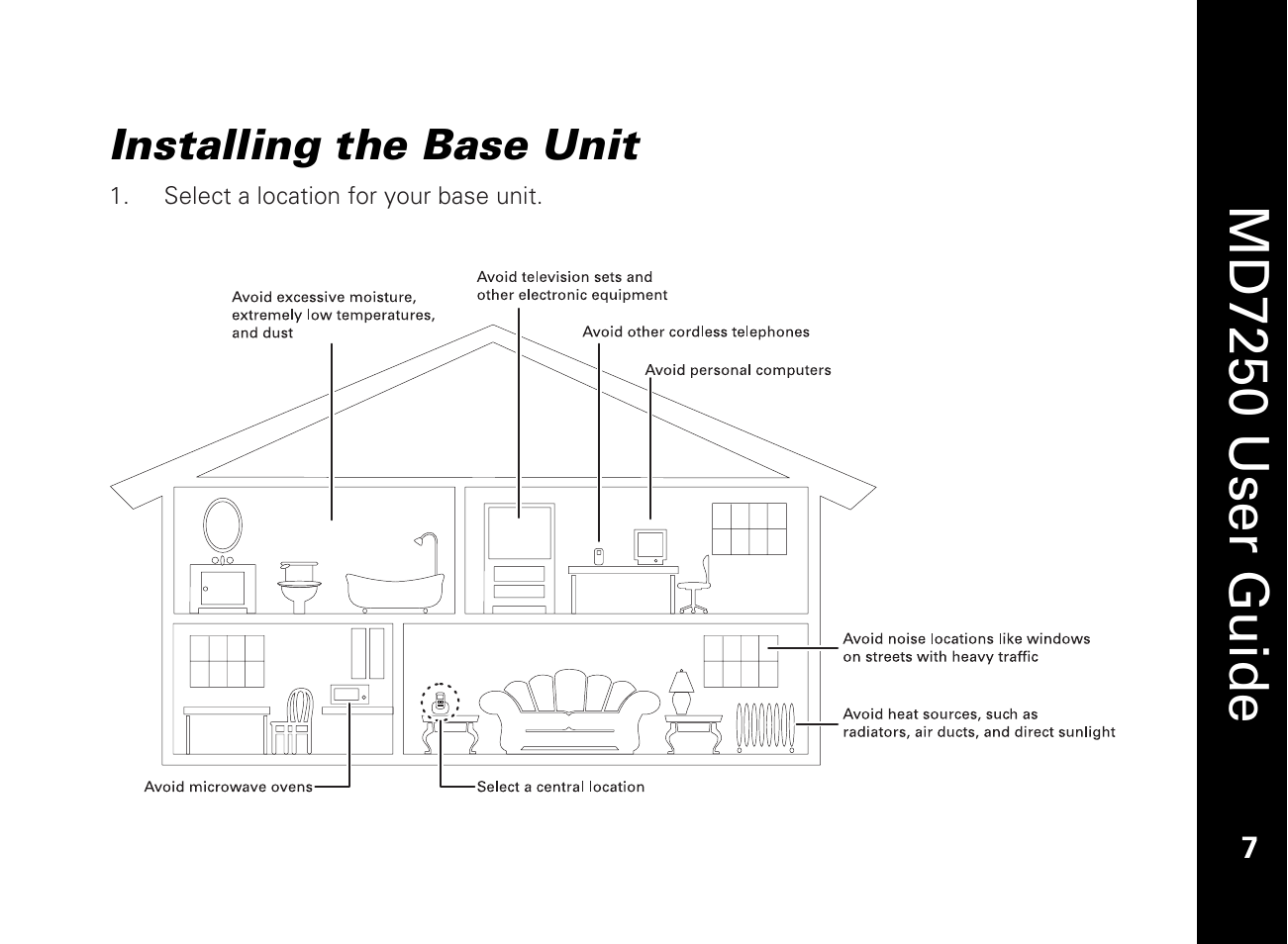 Installing the base unit, Md7250 user guide | Motorola MD7250 User Manual | Page 19 / 46