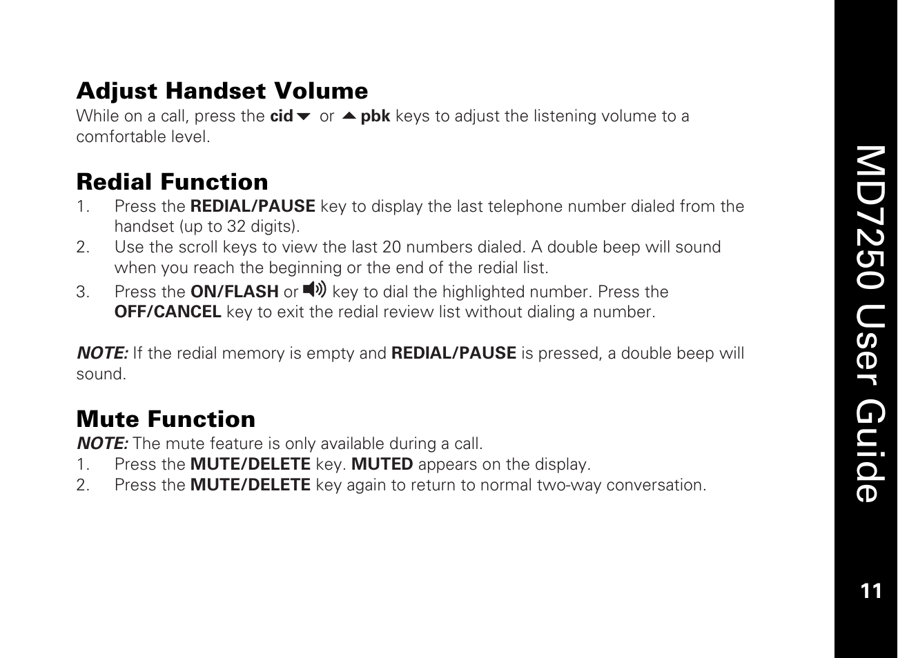 Adjust handset volume, Redial function, Mute function | Md7250 user guide | Motorola MD7250 User Manual | Page 23 / 46