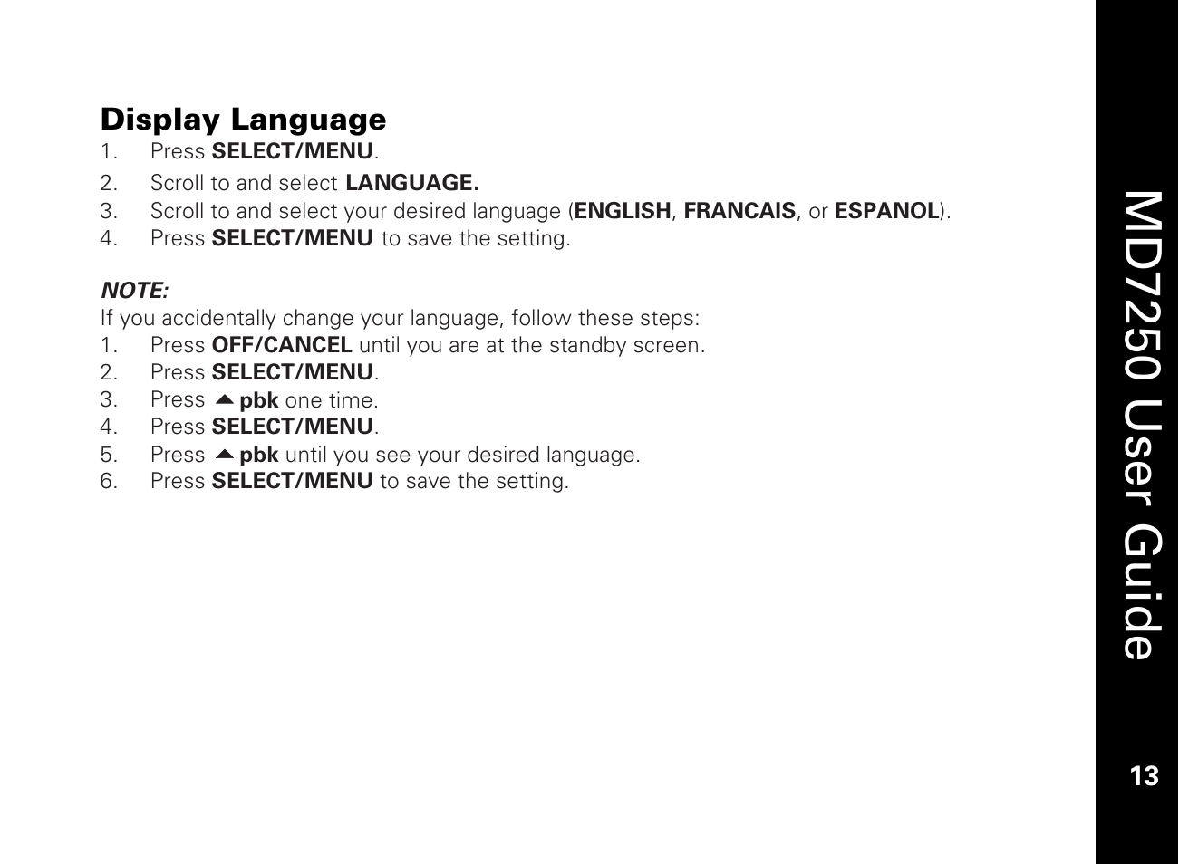Display language, Md7250 user guide | Motorola MD7250 User Manual | Page 25 / 46