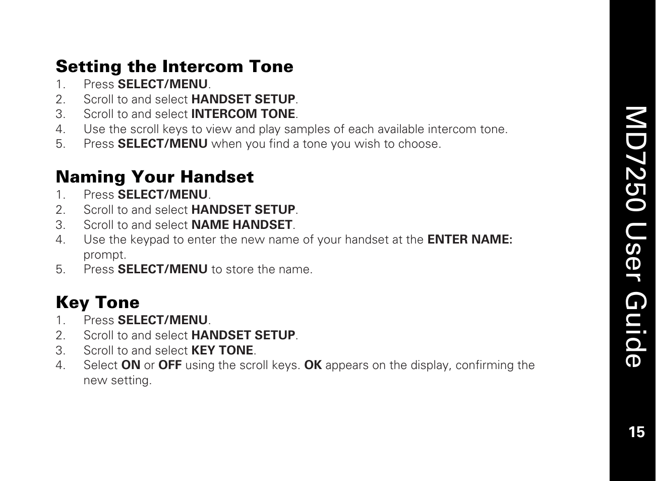 Setting the intercom tone, Naming your handset, Key tone | Md7250 user guide | Motorola MD7250 User Manual | Page 27 / 46