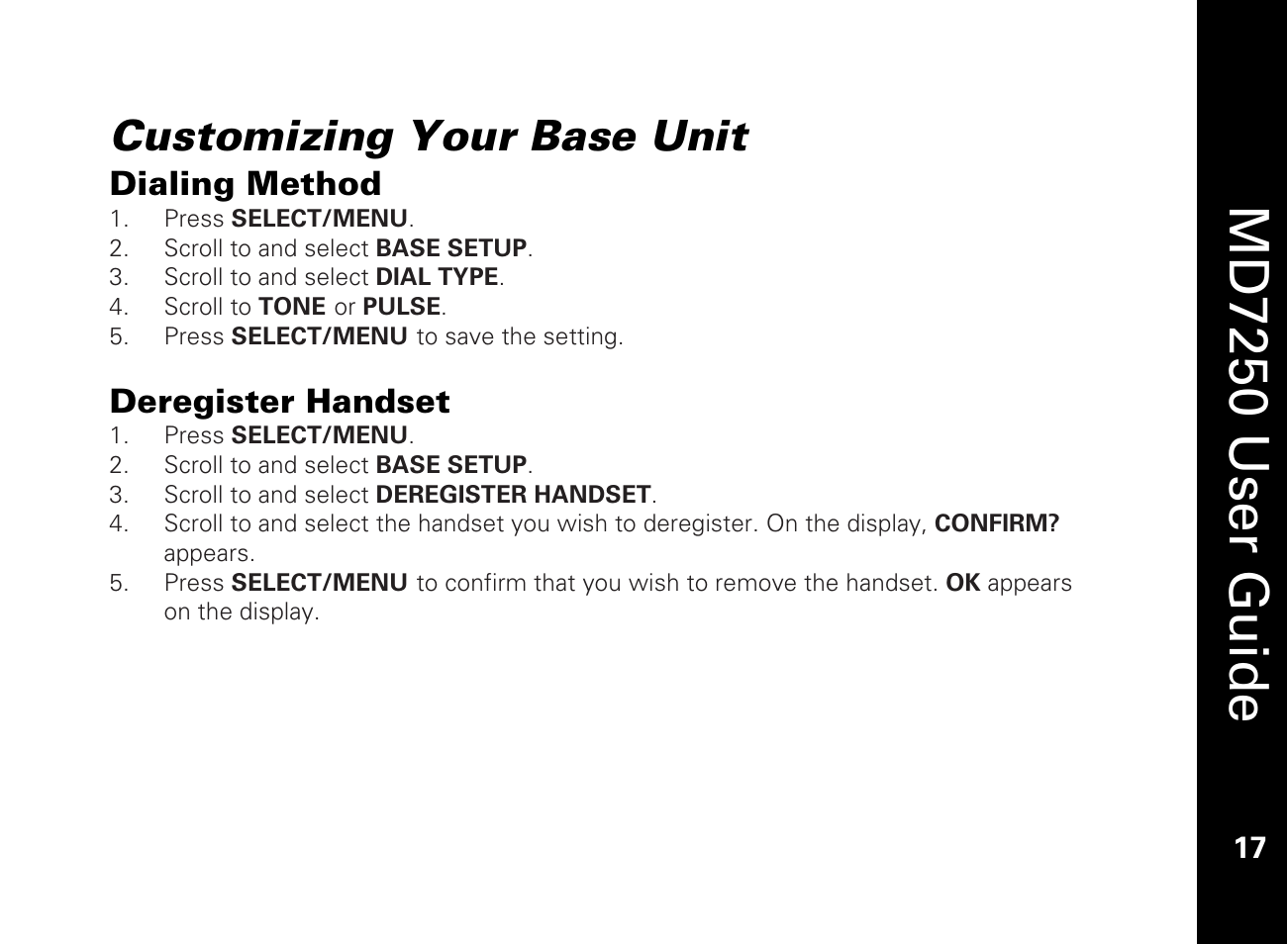 Customizing your base unit, Dialing method, Deregister handset | Md7250 user guide | Motorola MD7250 User Manual | Page 29 / 46