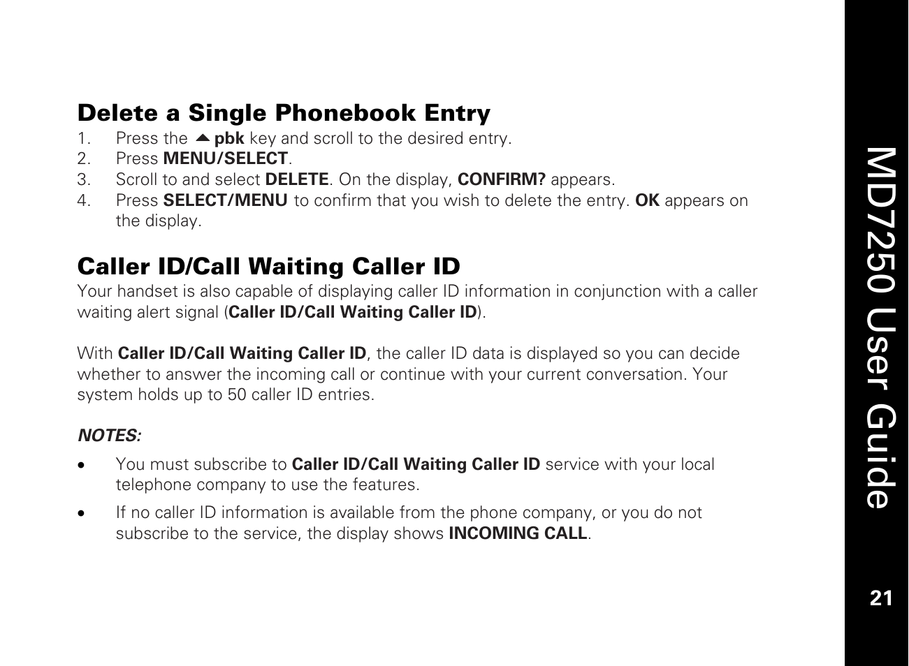 Delete a single phonebook entry, Caller id/call waiting caller id, Md7250 user guide | Motorola MD7250 User Manual | Page 33 / 46
