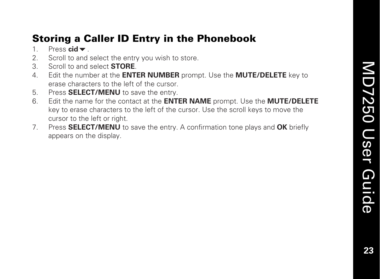 Storing a caller id entry in the phonebook, Md7250 user guide | Motorola MD7250 User Manual | Page 35 / 46