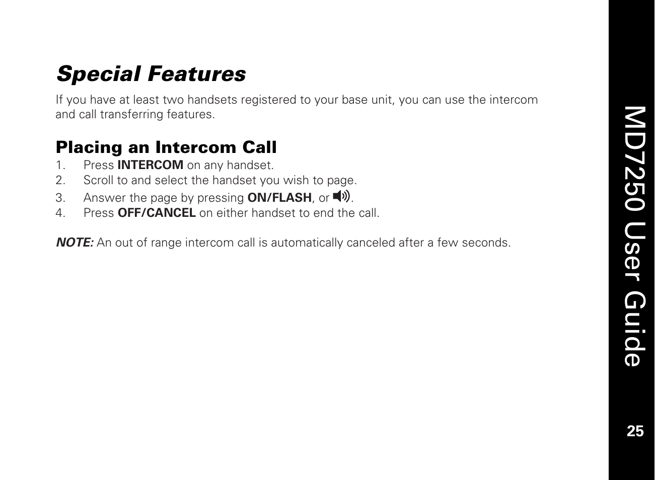 Special features, Placing an intercom call, Md7250 user guide | Motorola MD7250 User Manual | Page 37 / 46