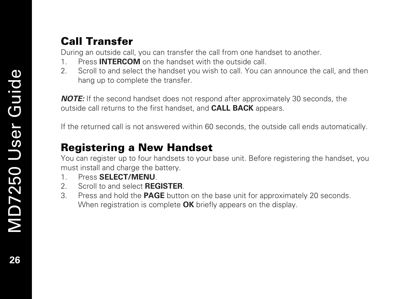 Call transfer, Registering a new handset, Md7250 user guide | Motorola MD7250 User Manual | Page 38 / 46
