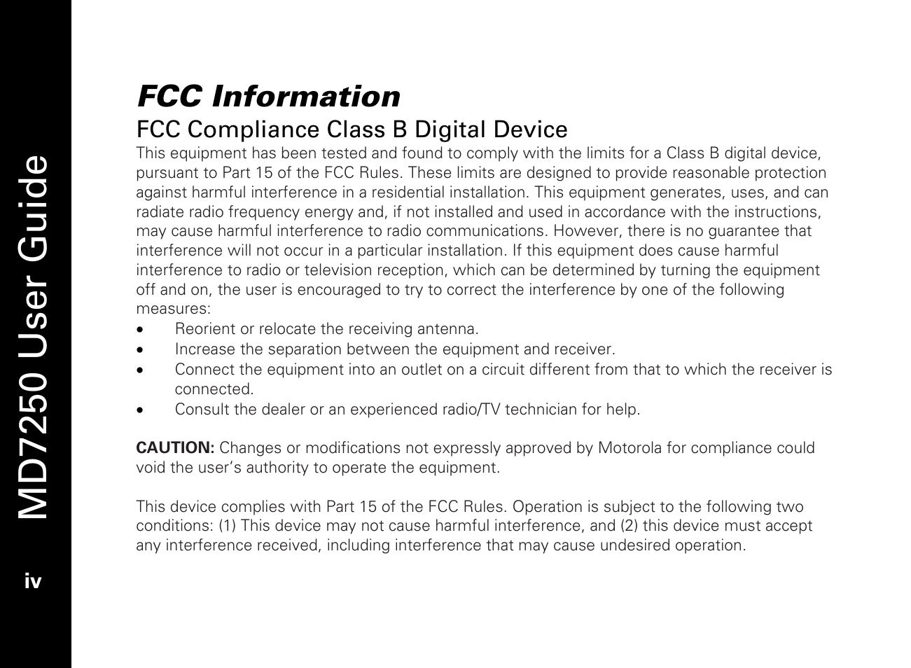 Fcc information, Md7250 user guide | Motorola MD7250 User Manual | Page 6 / 46