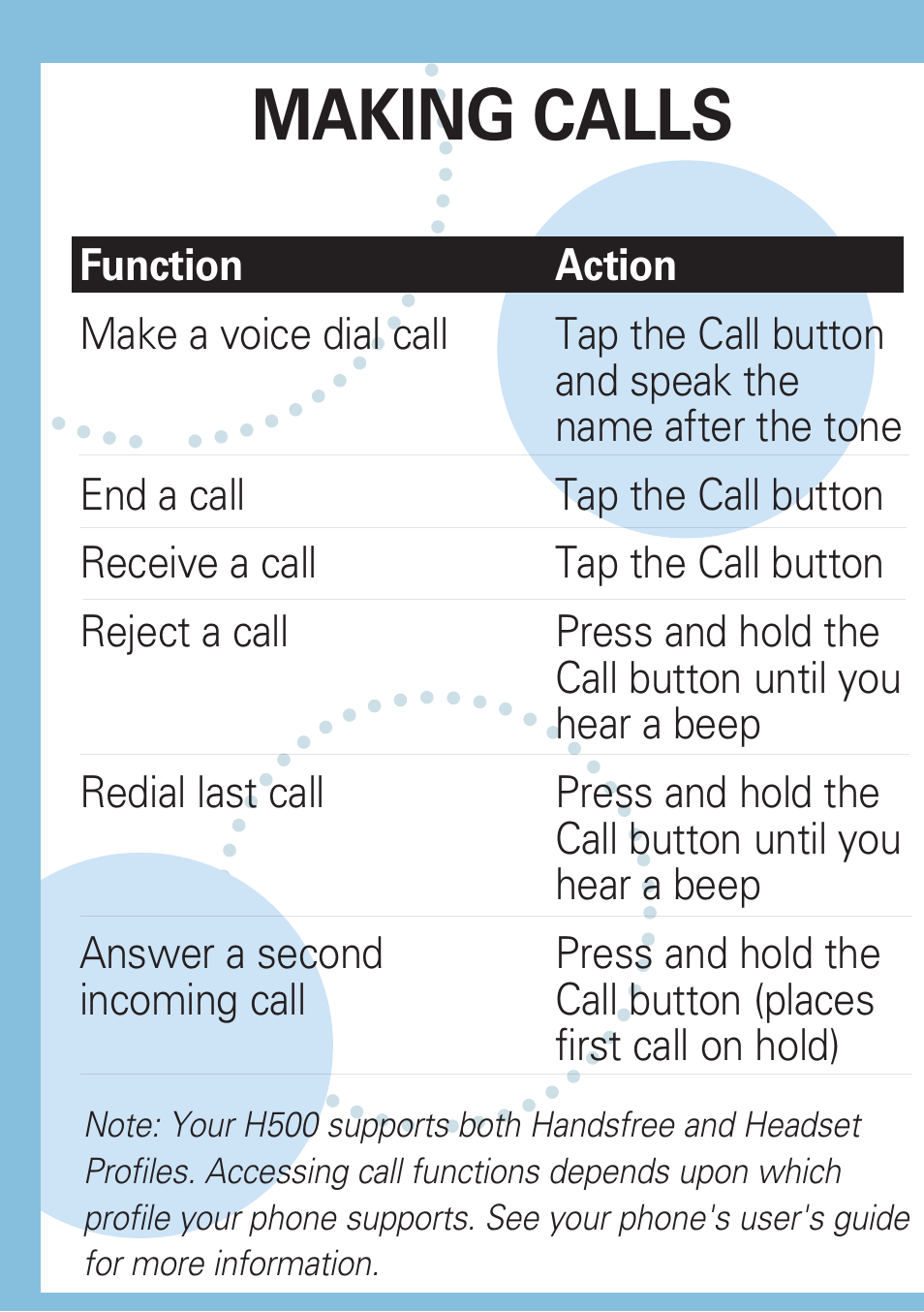 Making calls | Motorola MOTOSTART H500 User Manual | Page 17 / 20