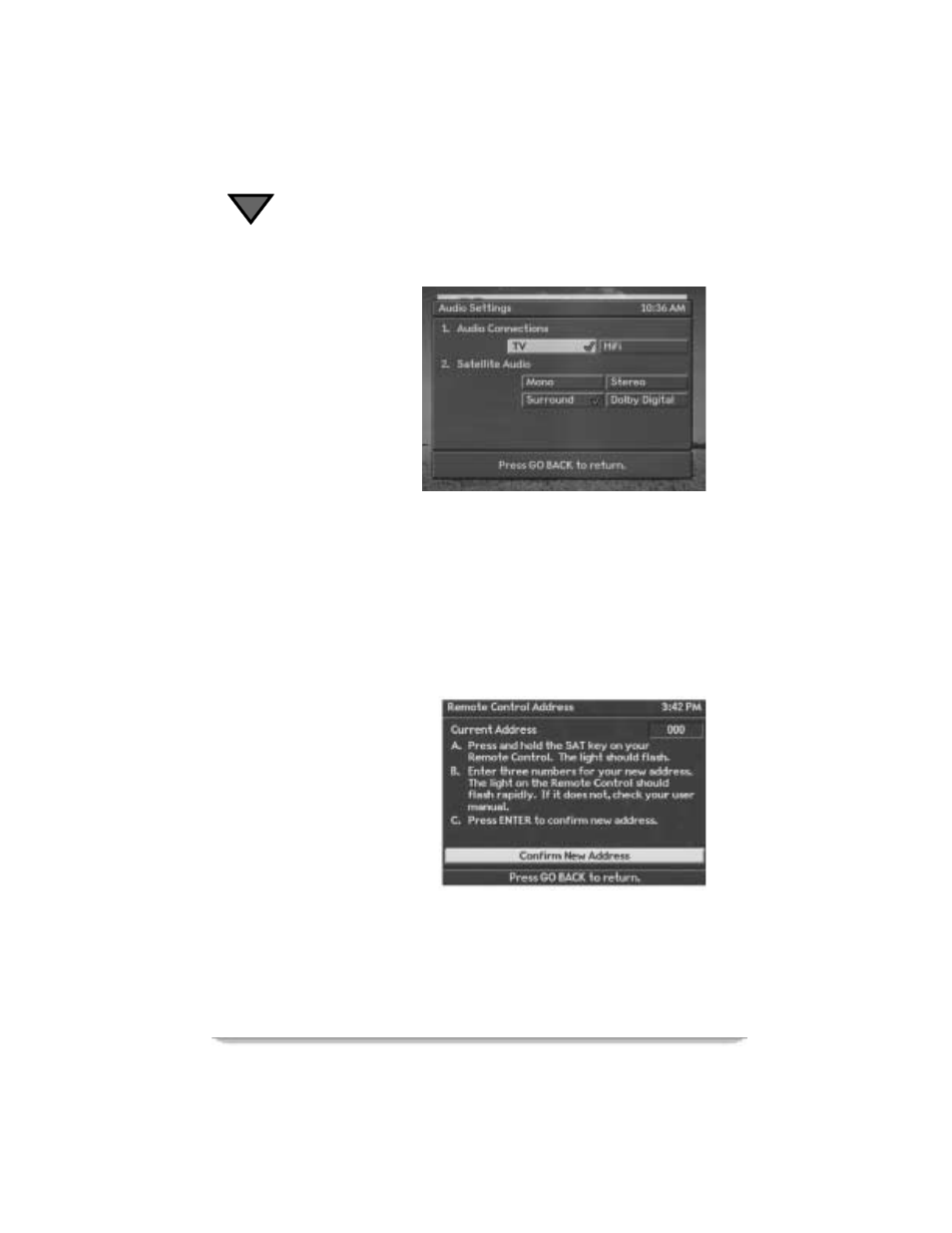 Audio settings, Installation settings, Audio settings installation settings | Motorola DSR405 User Manual | Page 42 / 80