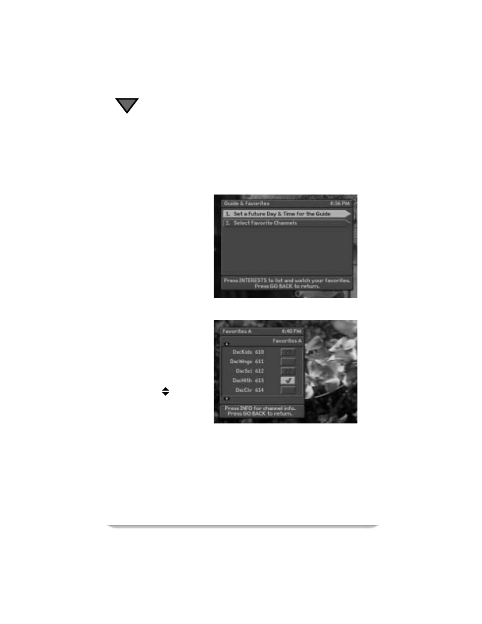 Setting favorite channels | Motorola DSR405 User Manual | Page 64 / 80