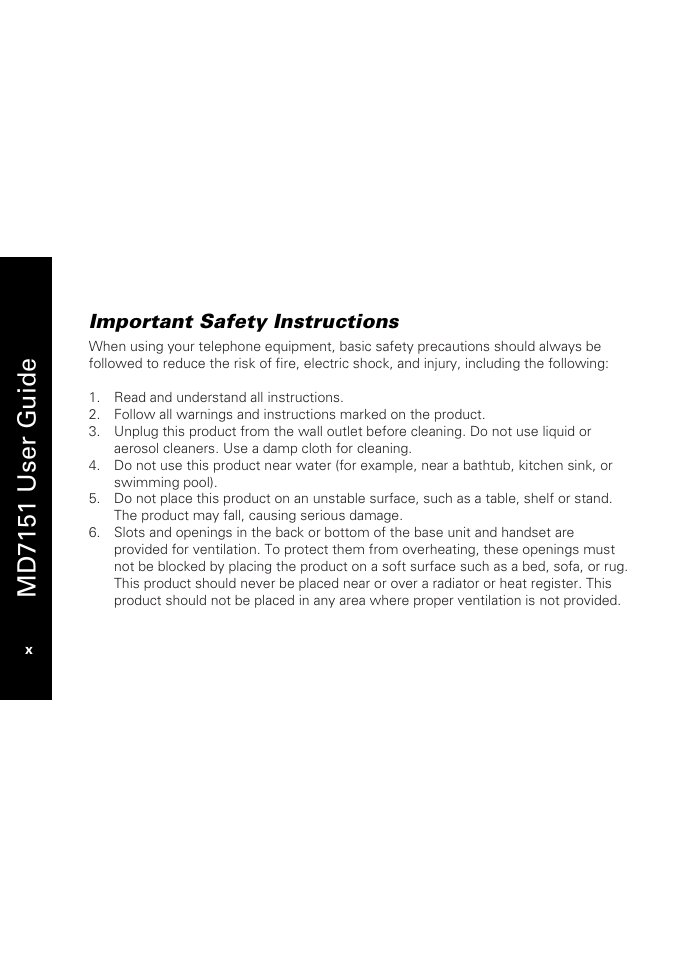 Important safety instructions, Md7151 user g u ide | Motorola MD7151 User Manual | Page 12 / 57