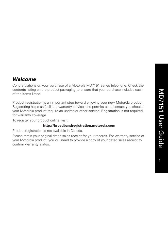 Welcome, Md7151 user guide | Motorola MD7151 User Manual | Page 15 / 57