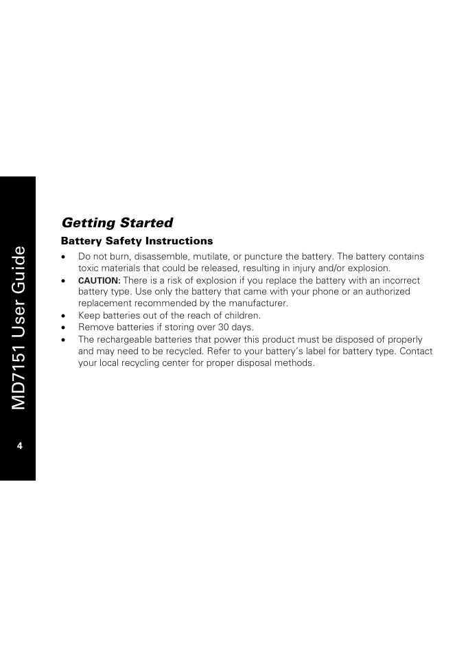 Getting started, Battery safety instructions, Md7151 user g u ide | Motorola MD7151 User Manual | Page 18 / 57