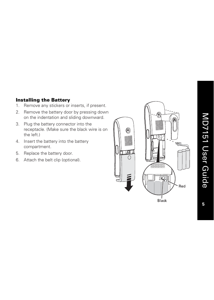 Installing the battery, Md7151 user guide | Motorola MD7151 User Manual | Page 19 / 57
