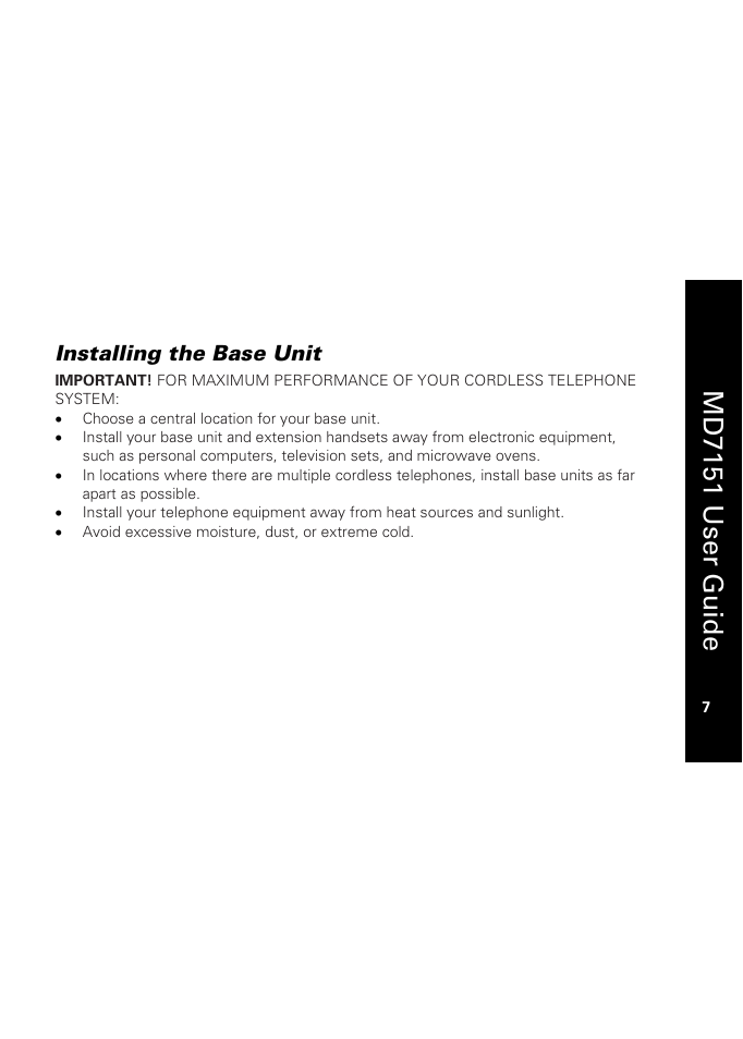 Installing the base unit, Md7151 user guide | Motorola MD7151 User Manual | Page 21 / 57
