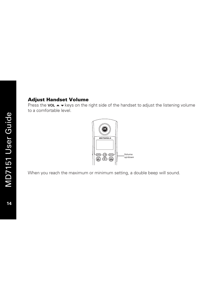 Adjust handset volume, Md7151 user g u ide | Motorola MD7151 User Manual | Page 28 / 57