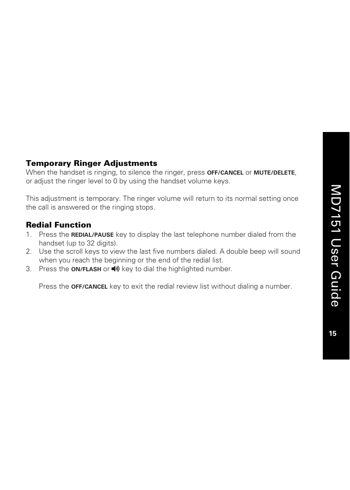 Temporary ringer adjustments, Redial function, Md7151 user guide | Motorola MD7151 User Manual | Page 29 / 57